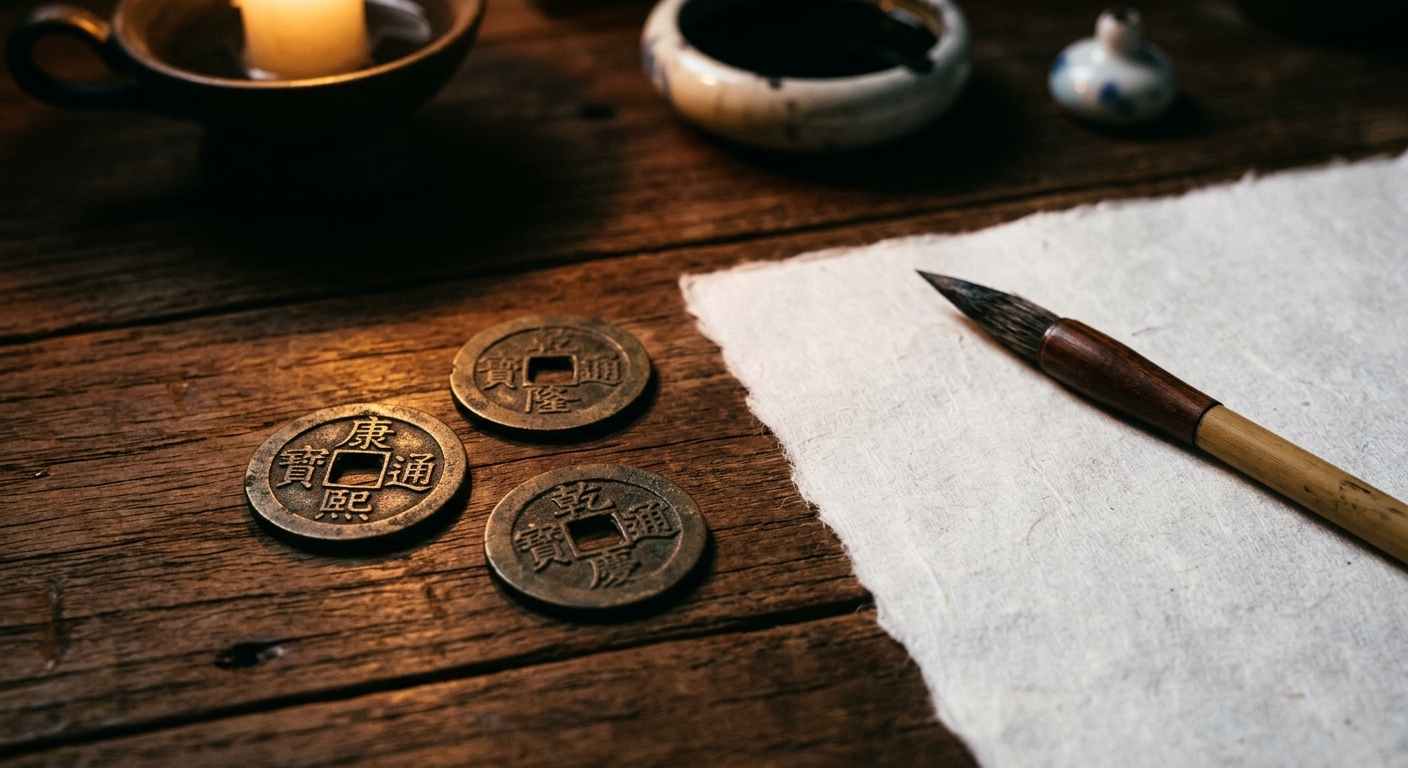 Três moedas de bronze sobre mesa de madeira